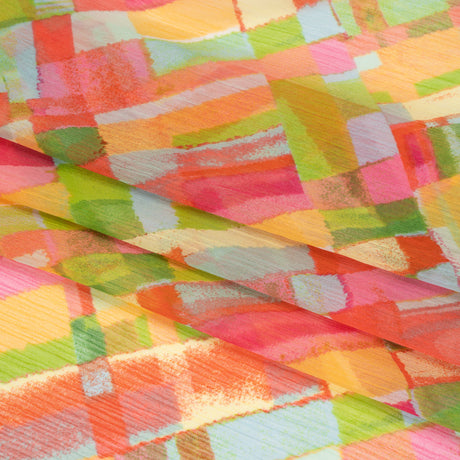 Crinkled Polyester Chiffon Print - Yellow, Lime Green and Pink Painted Plaid - Designer Deadstock