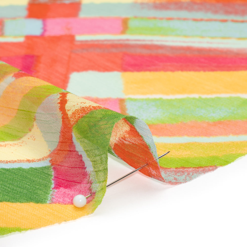 Crinkled Polyester Chiffon Print - Yellow, Lime Green and Pink Painted Plaid - Designer Deadstock