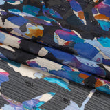 Crinkled Polyester Chiffon with Metallic Dots - Navy, Blue and Orange Abstracted Florals - Made in Italy