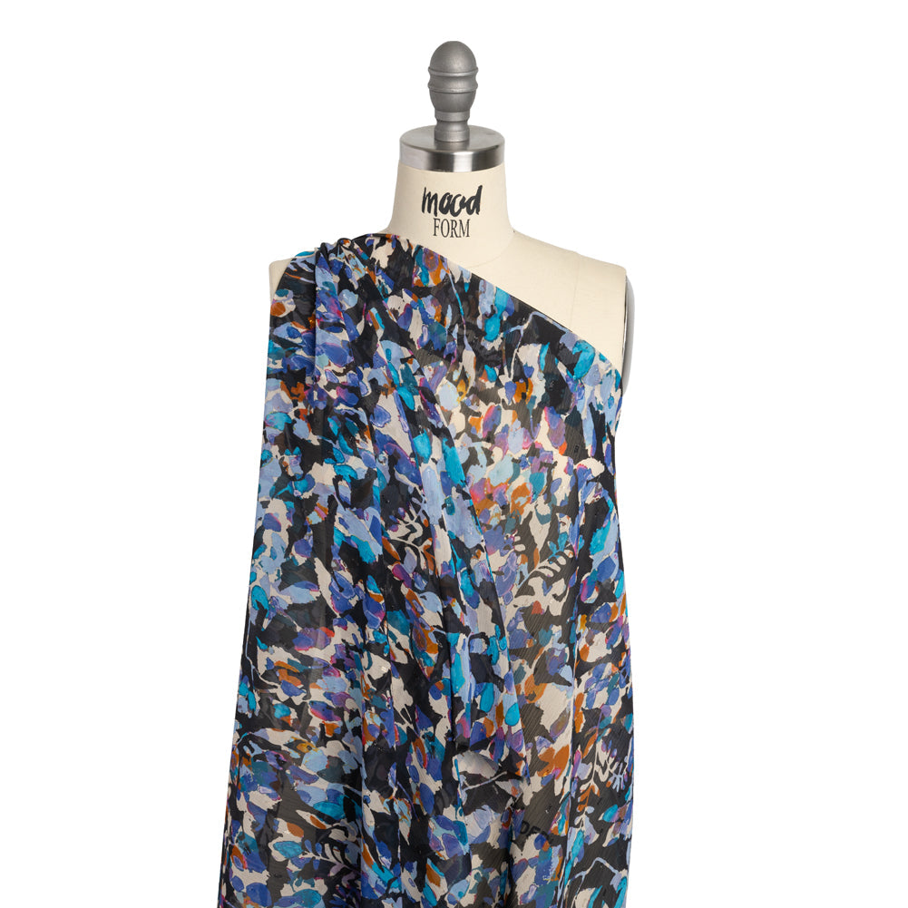 Crinkled Polyester Chiffon with Metallic Dots - Navy, Blue and Orange Abstracted Florals - Made in Italy