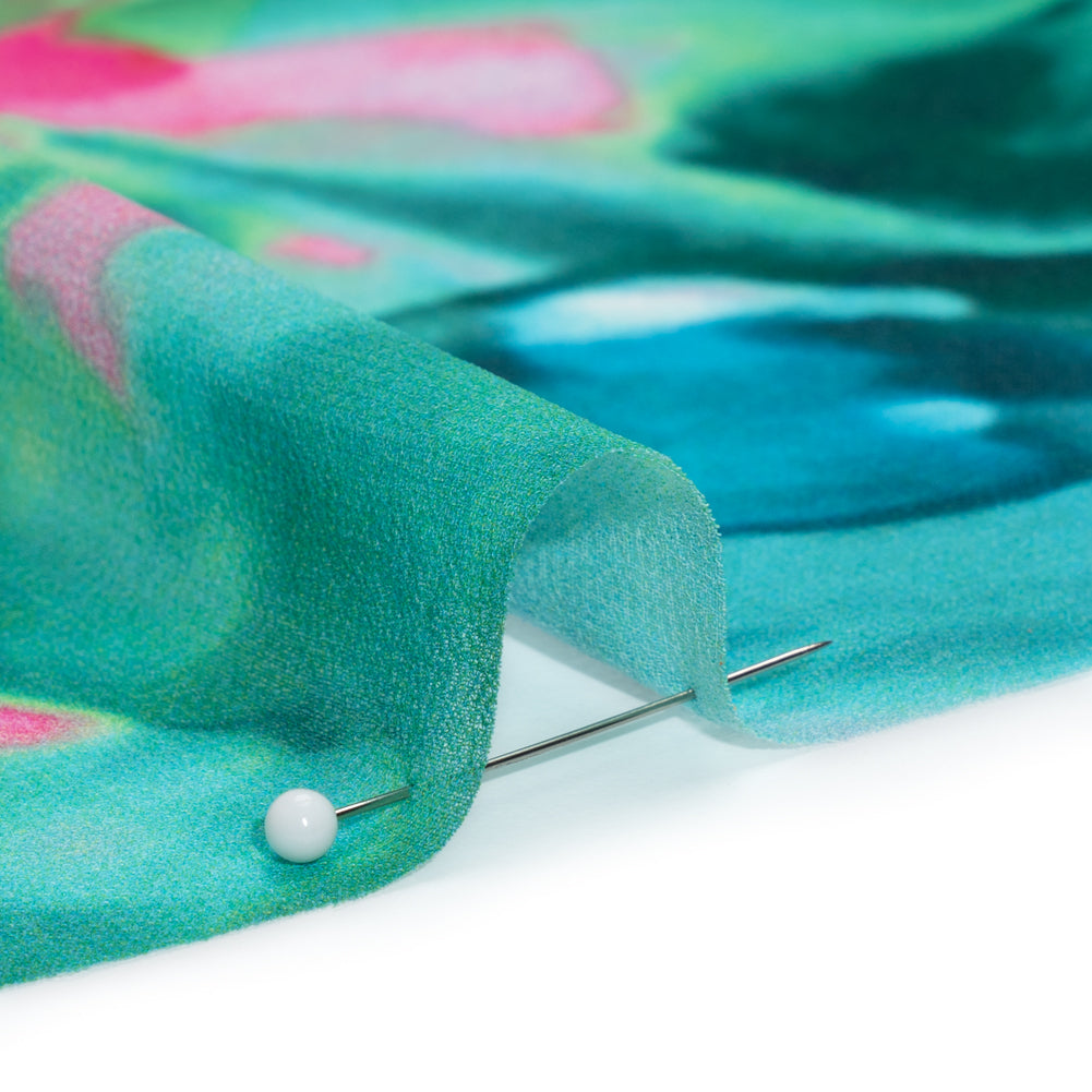 Polyester Chiffon - Pink and Green Floral - Made in Italy