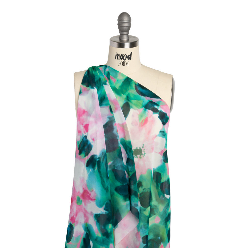Polyester Chiffon - Pink and Green Floral - Made in Italy