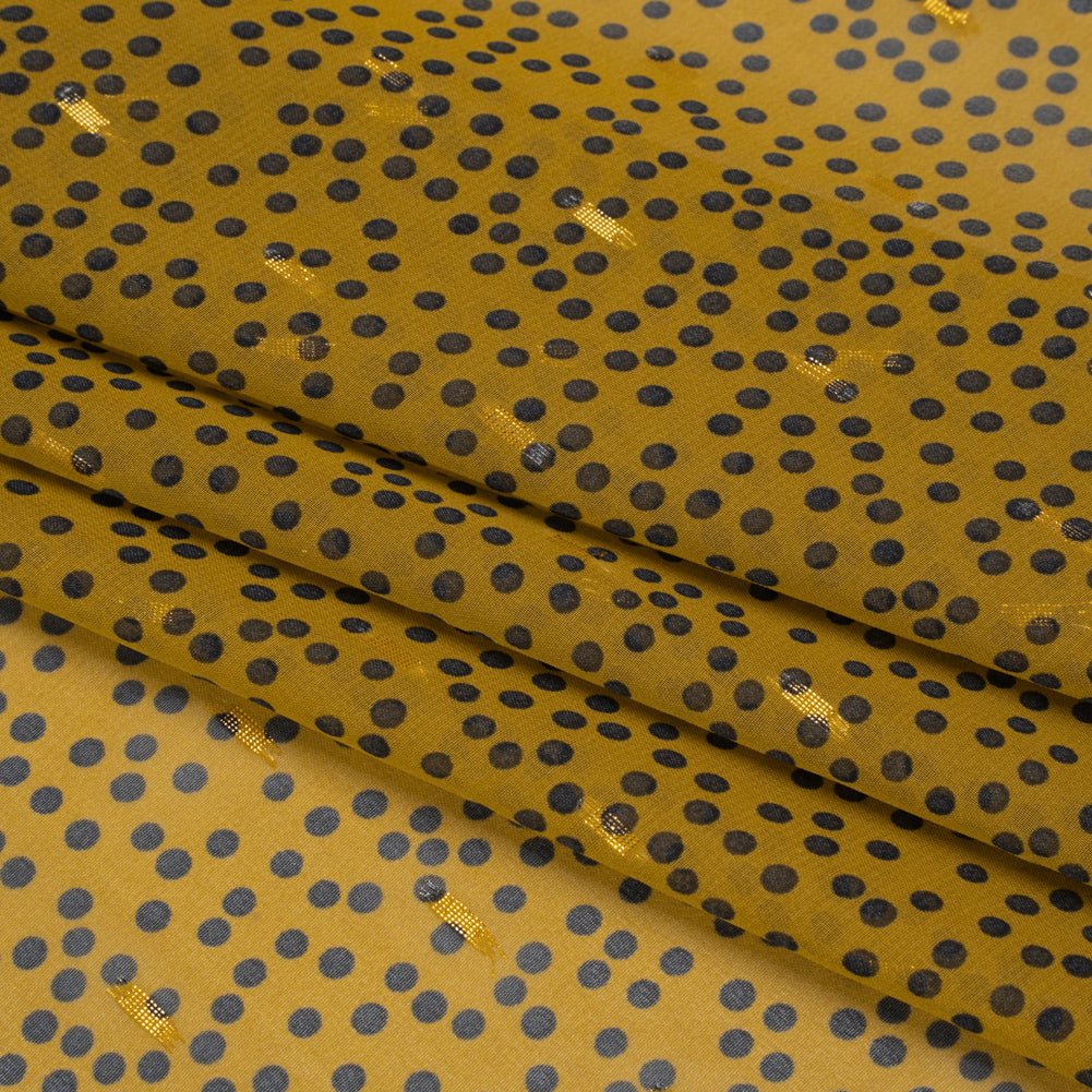 Polyester Chiffon with Gold Metallic Dots - Golden Olive and Black Little Dots - Made in Italy