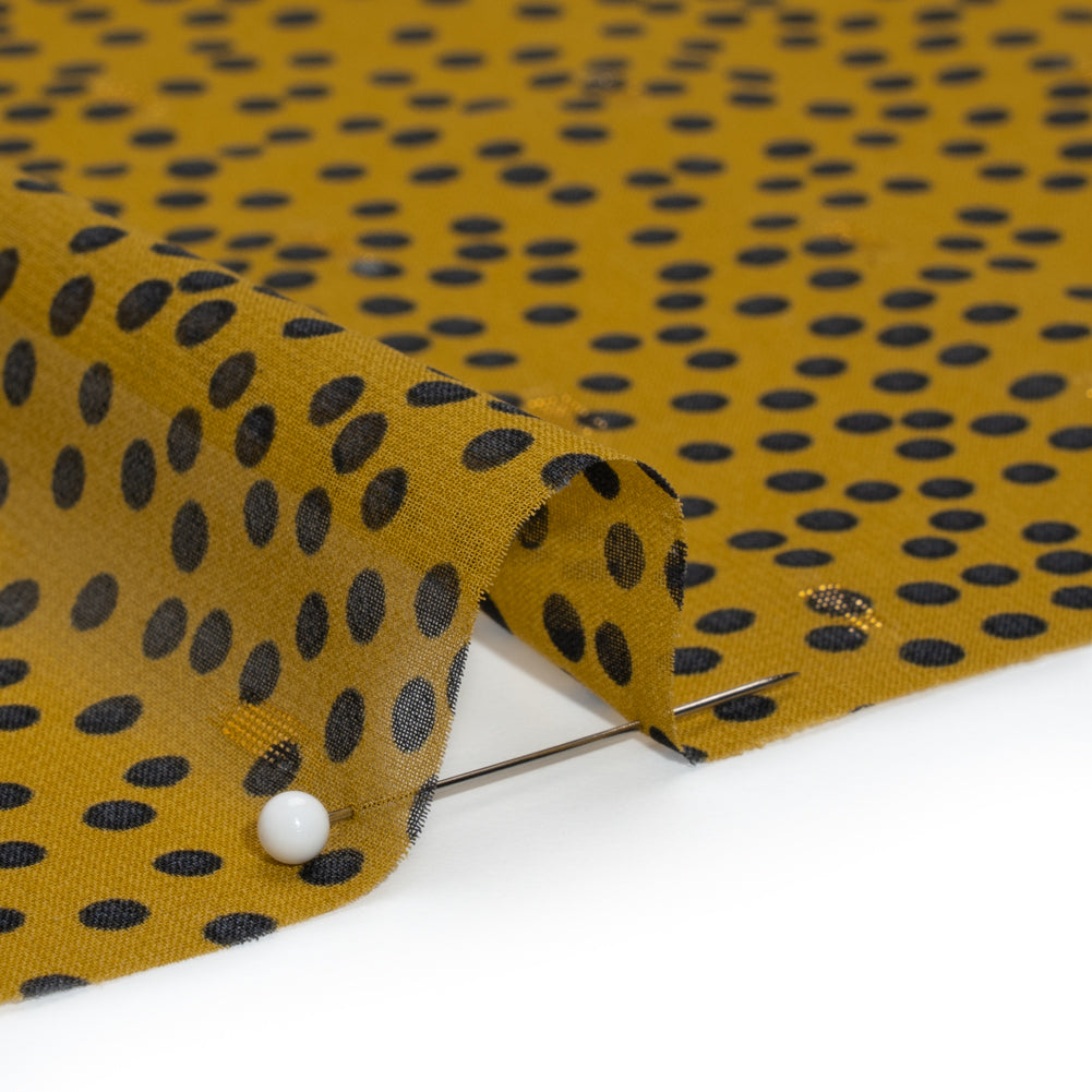 Polyester Chiffon with Gold Metallic Dots - Golden Olive and Black Little Dots - Made in Italy