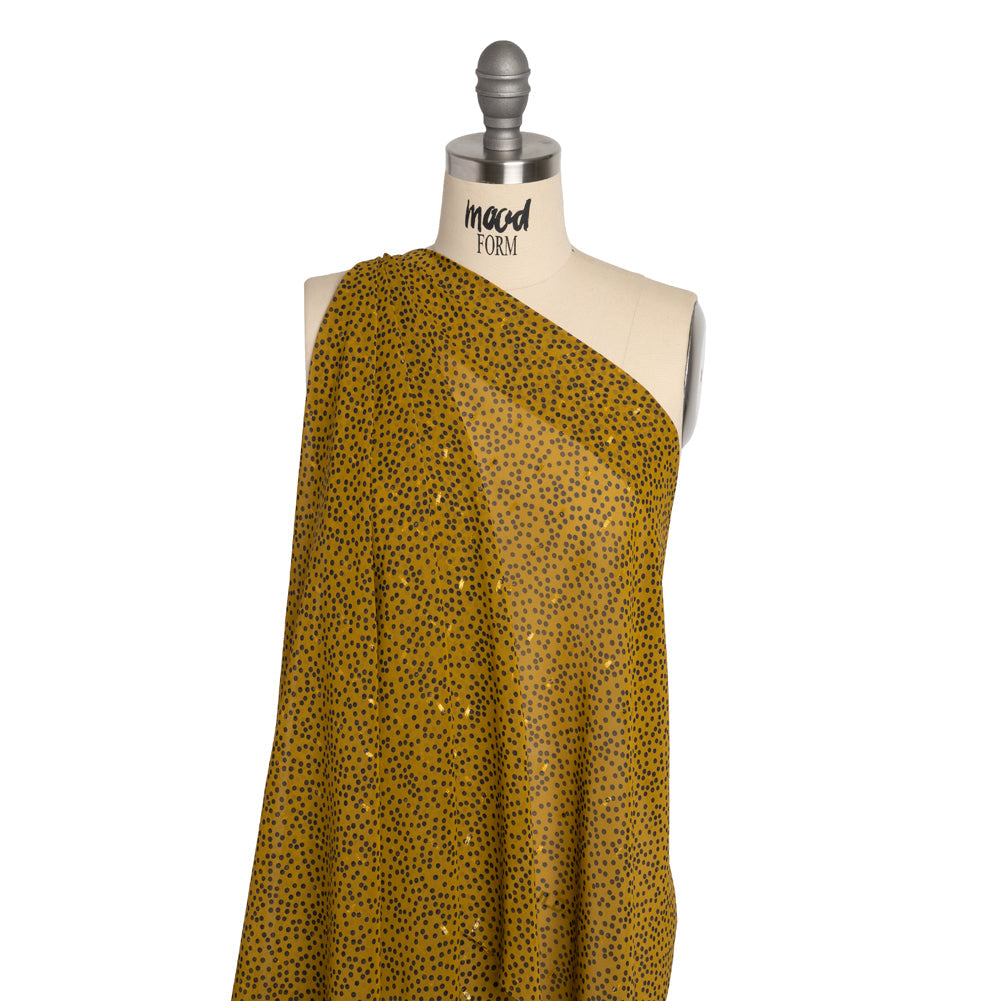 Polyester Chiffon with Gold Metallic Dots - Golden Olive and Black Little Dots - Made in Italy