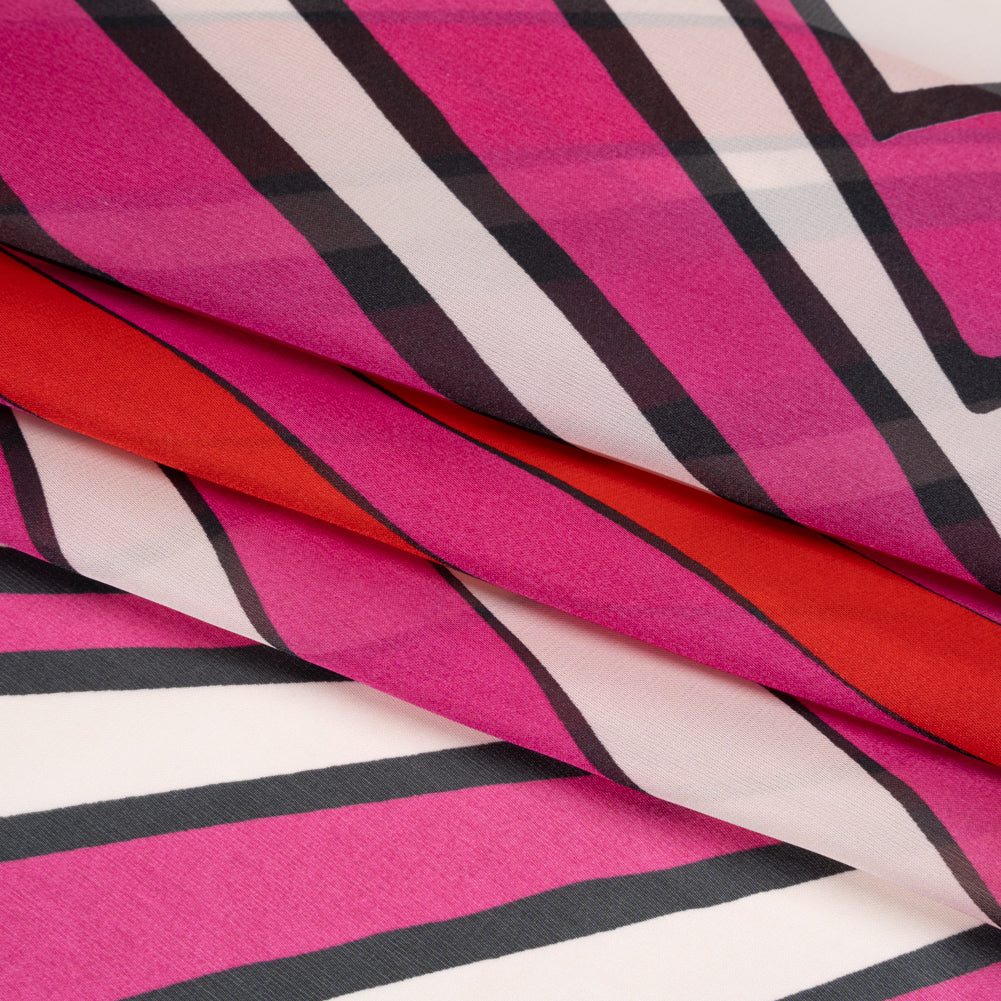 Polyester Voile Panel - Pink, Red and Cream Stripes and Hypnotic Squares - Made in Italy