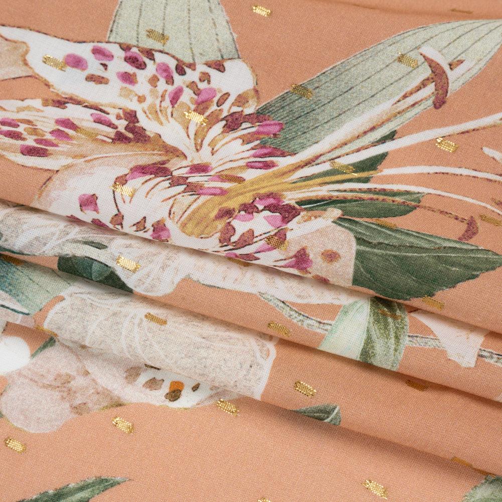Rayon Batiste with Metallic Dots - Peach, White and Green Floral