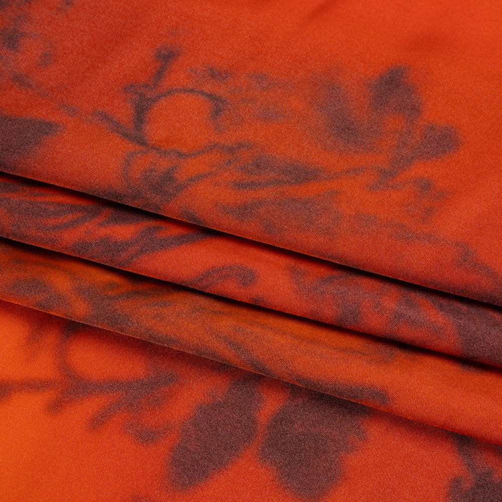 Satin-Faced Rayon Twill - Orange and Black Hazy Florals - Made in Italy