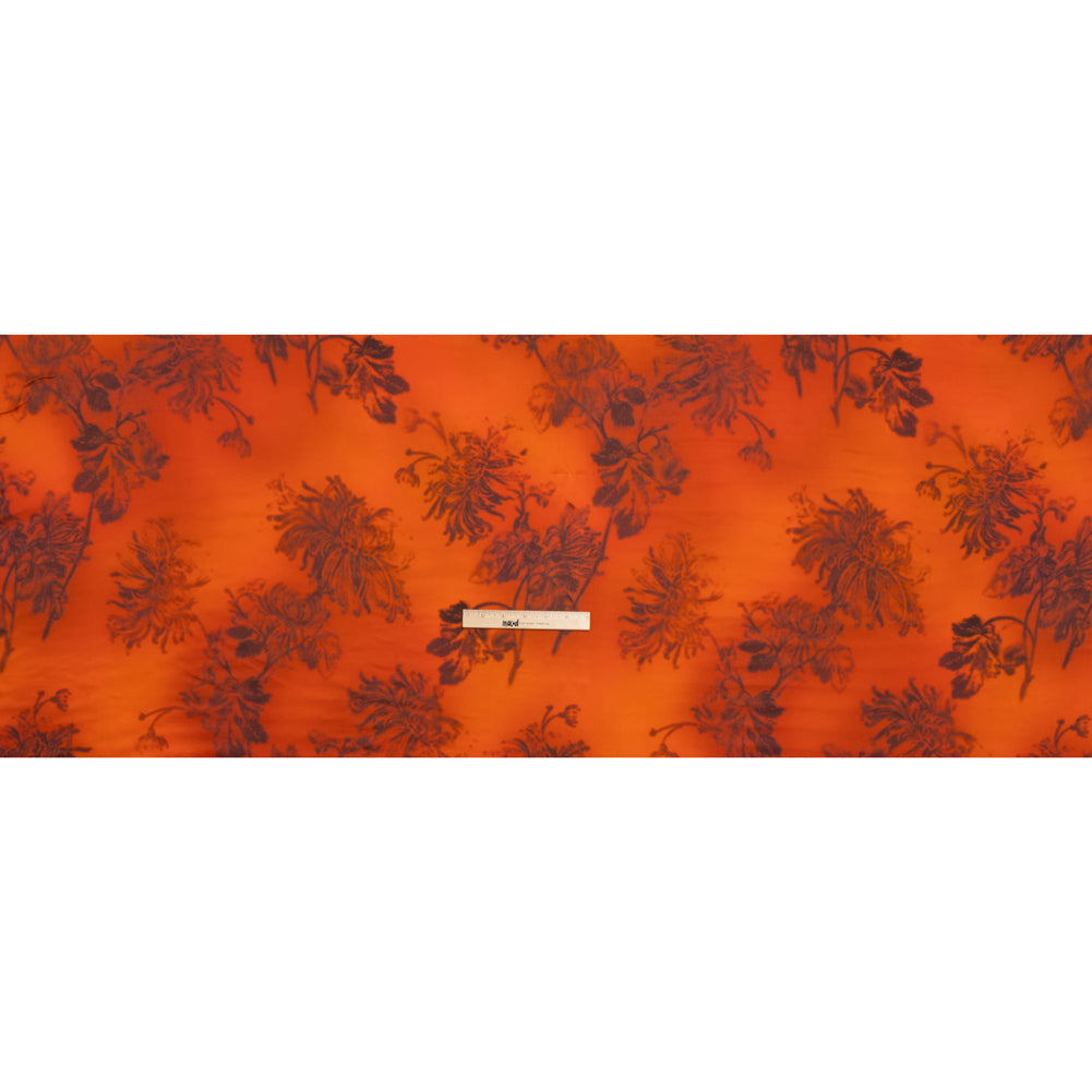 Satin-Faced Rayon Twill - Orange and Black Hazy Florals - Made in Italy