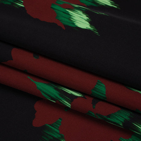 Stretch Polyester Woven - Black, Wine Red and Green Floral Silhouettes - Made in Italy