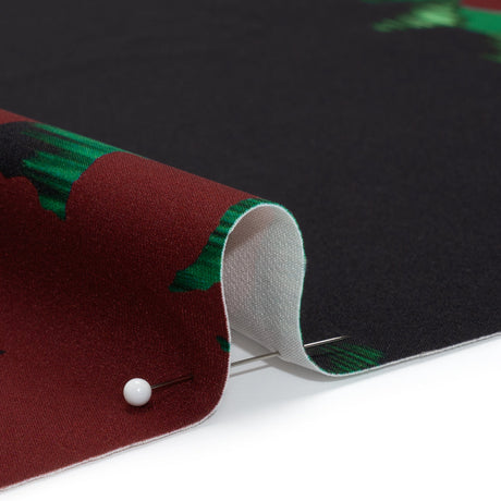 Stretch Polyester Woven - Black, Wine Red and Green Floral Silhouettes - Made in Italy