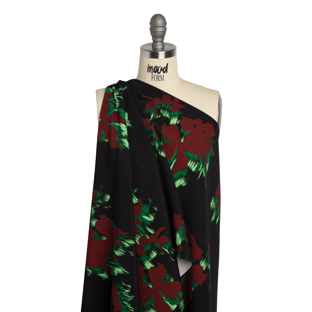 Stretch Polyester Woven - Black, Wine Red and Green Floral Silhouettes - Made in Italy