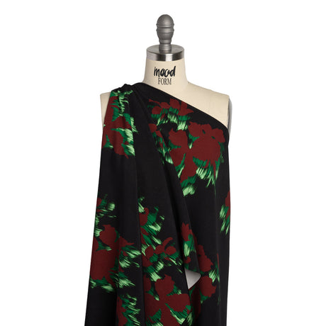 Stretch Polyester Woven - Black, Wine Red and Green Floral Silhouettes - Made in Italy
