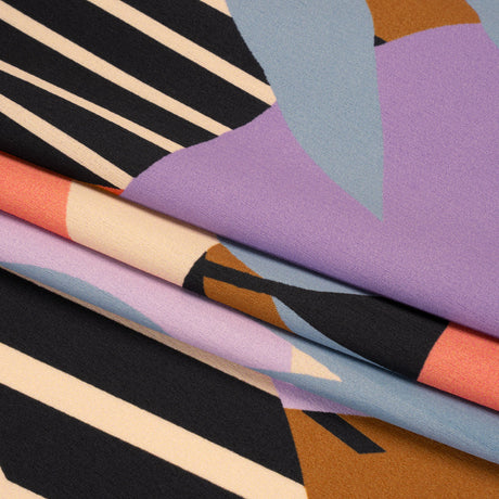 Polyester Crepe Back Satin - Blue, Lavender and Beige Leaves - Made in Italy