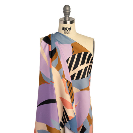 Polyester Crepe Back Satin - Blue, Lavender and Beige Leaves - Made in Italy