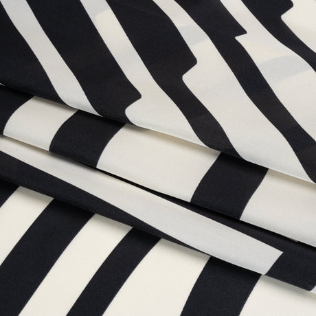 Satin-Faced Polyester Twill - Black and Ivory Geometric Stripes - Made in Italy