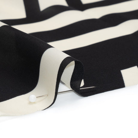 Satin-Faced Polyester Twill - Black and Ivory Geometric Stripes - Made in Italy