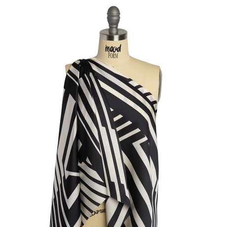 Satin-Faced Polyester Twill - Black and Ivory Geometric Stripes - Made in Italy