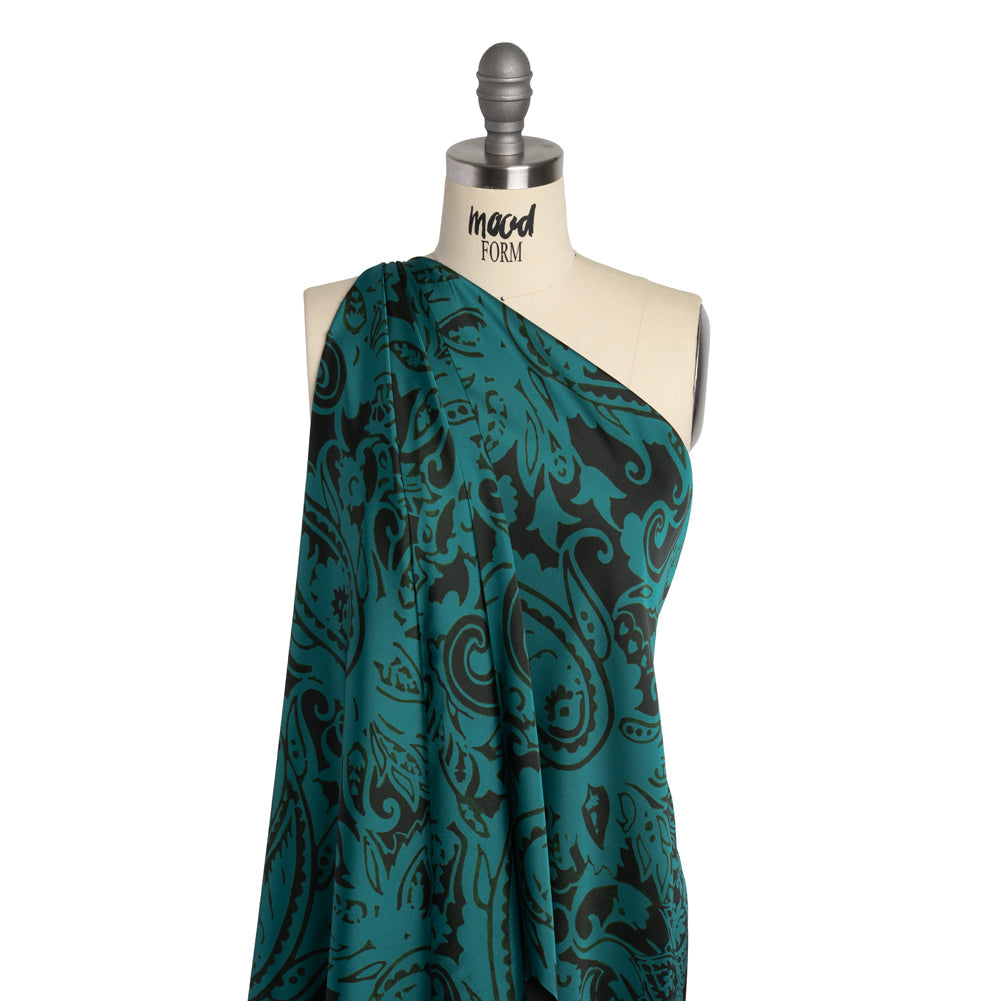 Polyester Charmeuse - Dark Green and Teal Paisley - Made in Italy