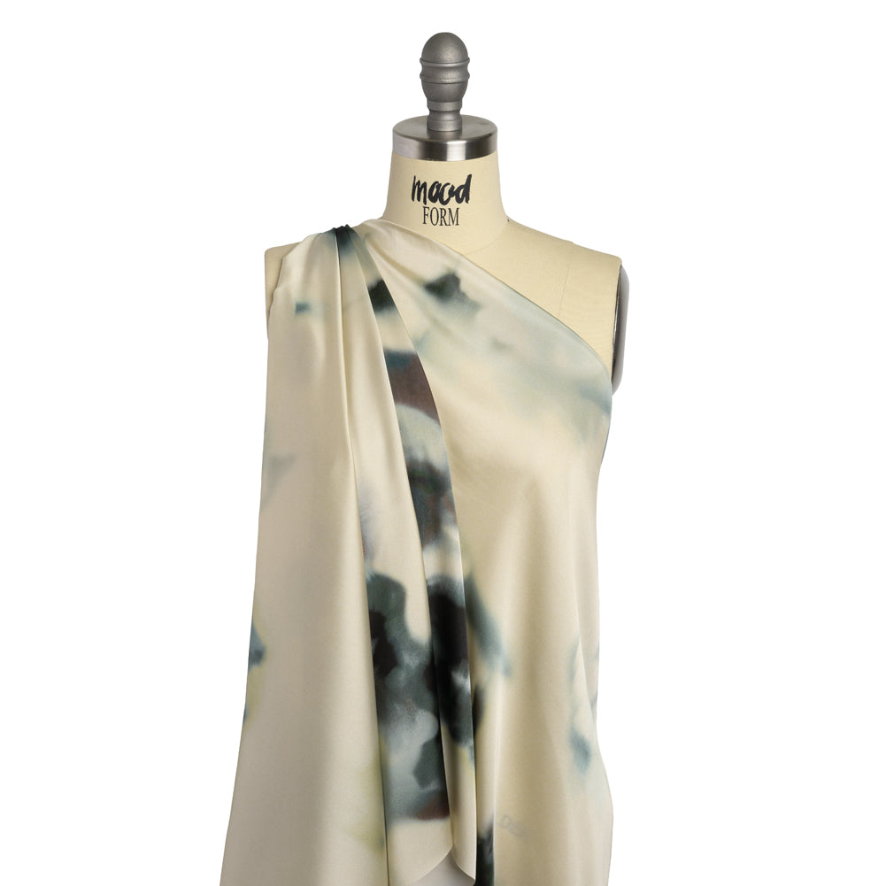 Polyester Charmeuse - Cream and Hunter Green Abstract - Made in Italy