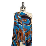 Rayon Crepe de Chine - Blue, Dark Purple and Burnt Orange Abstract Swirls - Made in Italy