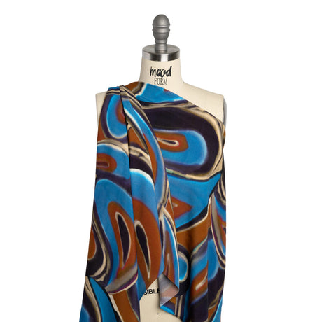 Rayon Crepe de Chine - Blue, Dark Purple and Burnt Orange Abstract Swirls - Made in Italy