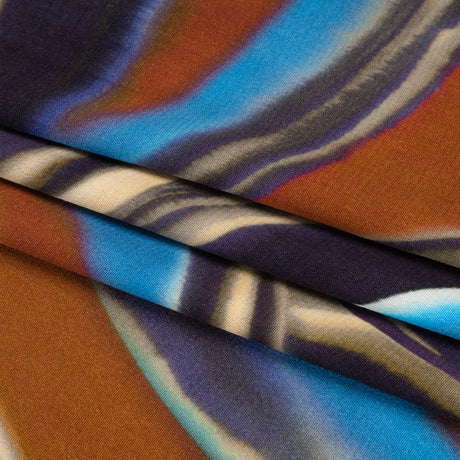 Rayon Crepe de Chine - Blue, Dark Purple and Burnt Orange Abstract Swirls - Made in Italy