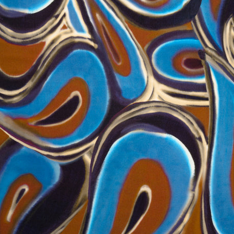 Rayon Crepe de Chine - Blue, Dark Purple and Burnt Orange Abstract Swirls - Made in Italy