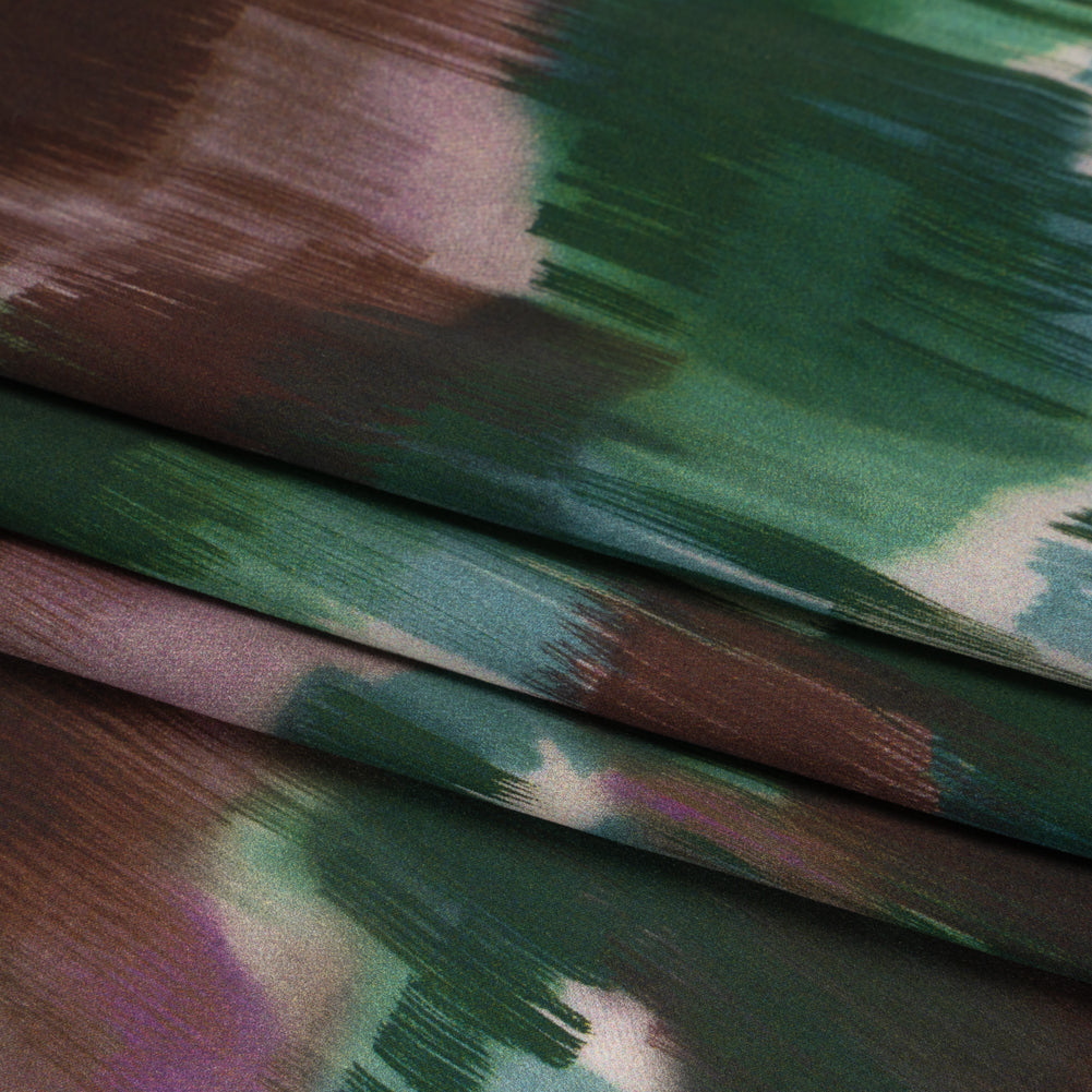 Polyester Charmeuse - Hunter Green, Brown and Plum Purple Brushstrokes - Made in Italy