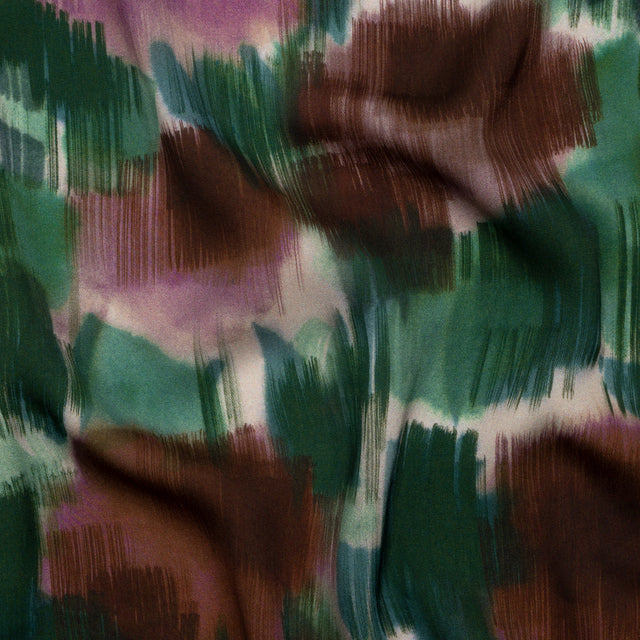 Polyester Charmeuse - Hunter Green, Brown and Plum Purple Brushstrokes - Made in Italy