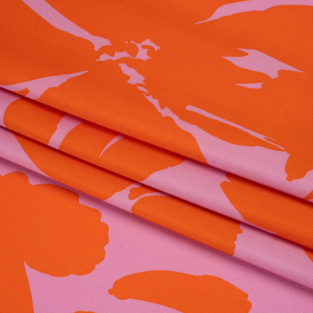 Polyester Twill - Pink and Red-Orange Florals and Striped Borders - Made in Italy