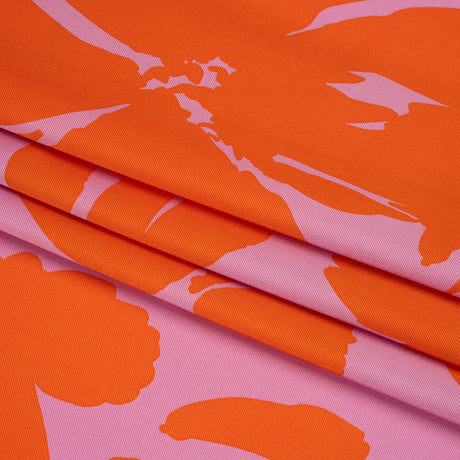 Polyester Twill - Pink and Red-Orange Florals and Striped Borders - Made in Italy