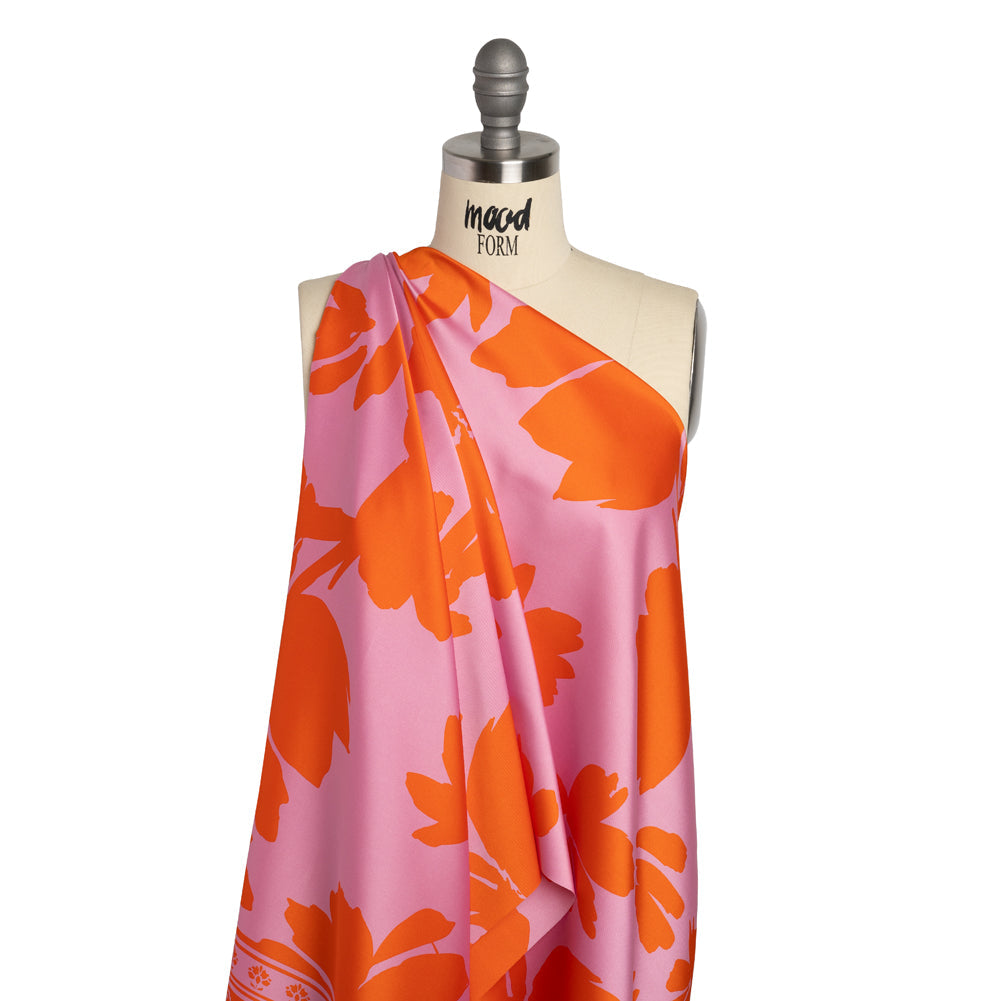 Polyester Twill - Pink and Red-Orange Florals and Striped Borders - Made in Italy
