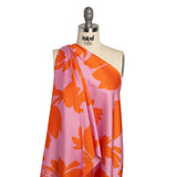 Polyester Twill - Pink and Red-Orange Florals and Striped Borders - Made in Italy