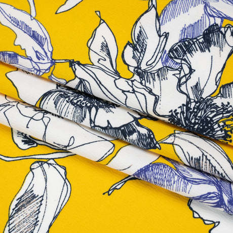 Polyester Satin-Backed Crepe - Yellow, Navy and Black Floral Sketches - Made in Italy