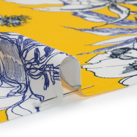 Polyester Satin-Backed Crepe - Yellow, Navy and Black Floral Sketches - Made in Italy
