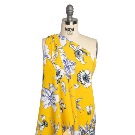 Polyester Satin-Backed Crepe - Yellow, Navy and Black Floral Sketches - Made in Italy