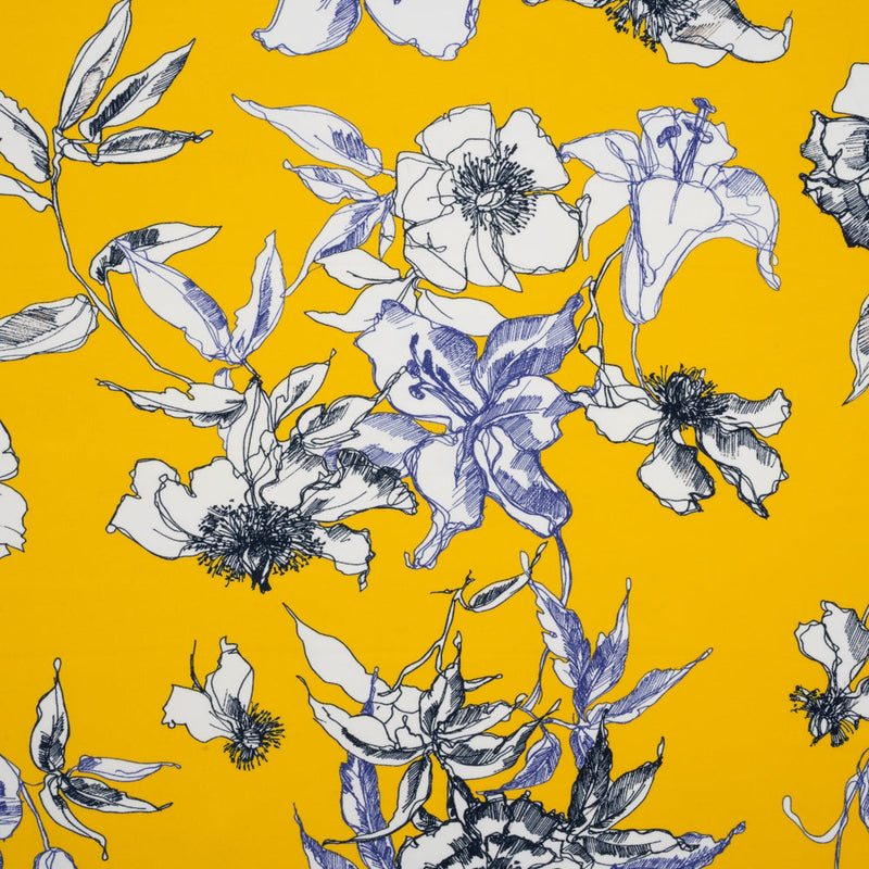 Polyester Satin-Backed Crepe - Yellow, Navy and Black Floral Sketches - Made in Italy