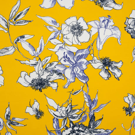 Polyester Satin-Backed Crepe - Yellow, Navy and Black Floral Sketches - Made in Italy