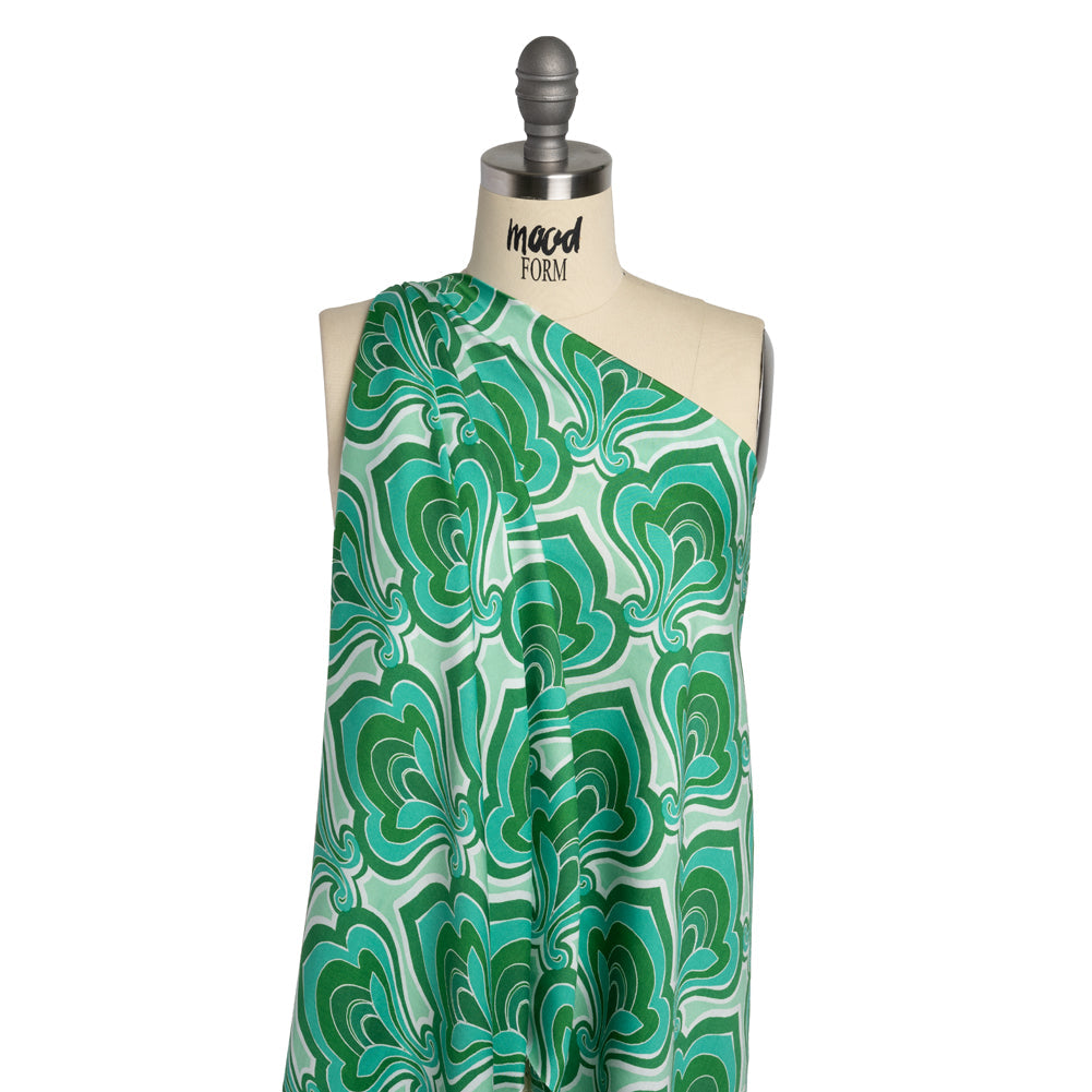 Rayon Batiste - Green and Teal Retro Palmette Floral - Made in Italy