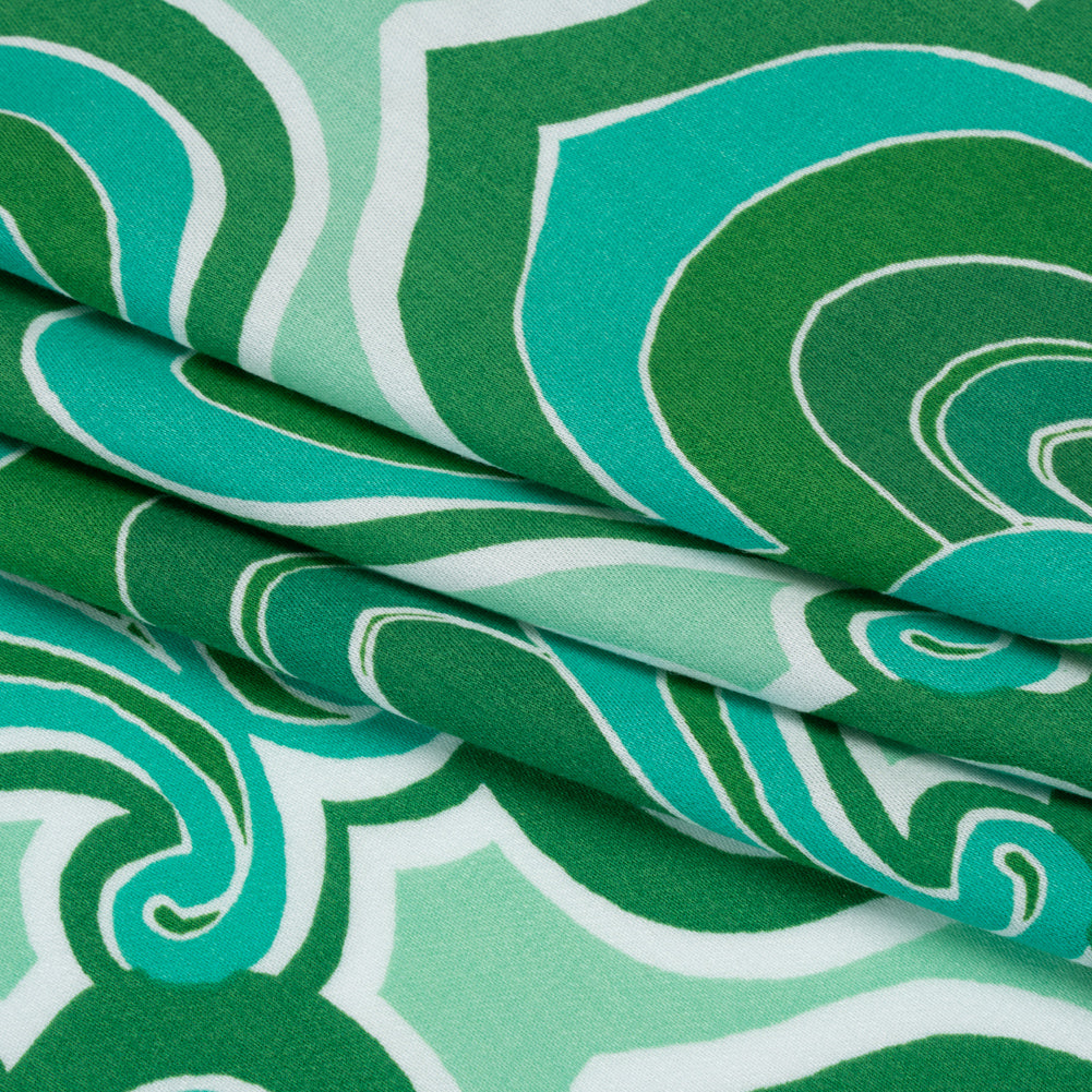 Rayon Batiste - Green and Teal Retro Palmette Floral - Made in Italy