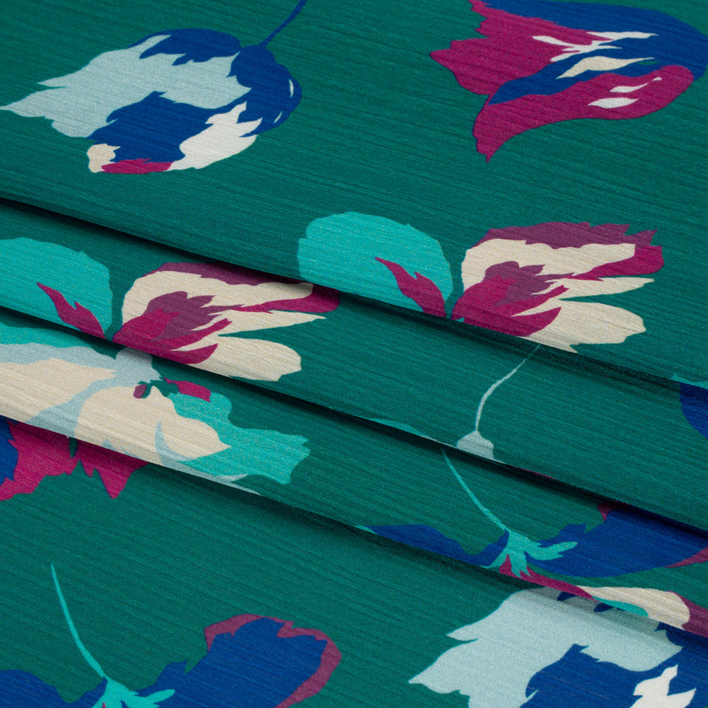 Crinkled Polyester Charmeuse - Teal, Blue and Magenta Floral - Made in Italy