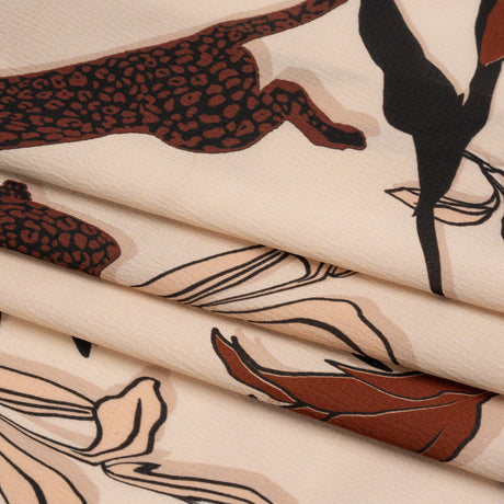 Polyester Satin-Faced Seersucker - Beige and Russet Leopards and Flowers - Made in Italy