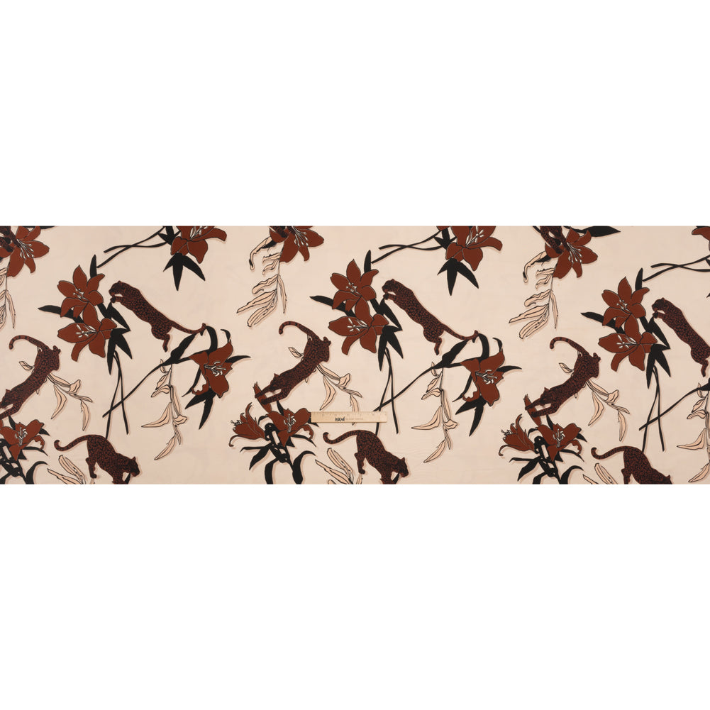 Polyester Satin-Faced Seersucker - Beige and Russet Leopards and Flowers - Made in Italy