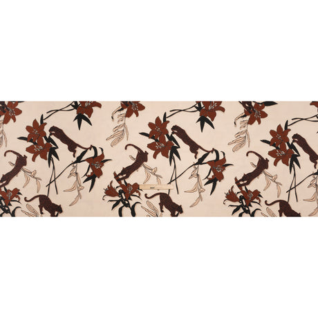 Polyester Satin-Faced Seersucker - Beige and Russet Leopards and Flowers - Made in Italy