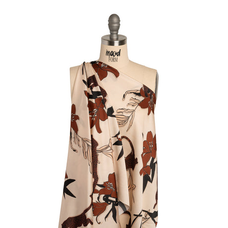 Polyester Satin-Faced Seersucker - Beige and Russet Leopards and Flowers - Made in Italy