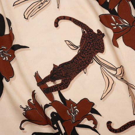 Polyester Satin-Faced Seersucker - Beige and Russet Leopards and Flowers - Made in Italy