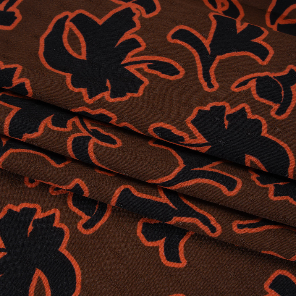 Dotted Rayon Jacquard - Brown, Orange and Black Floral Silhouettes - Made in Italy