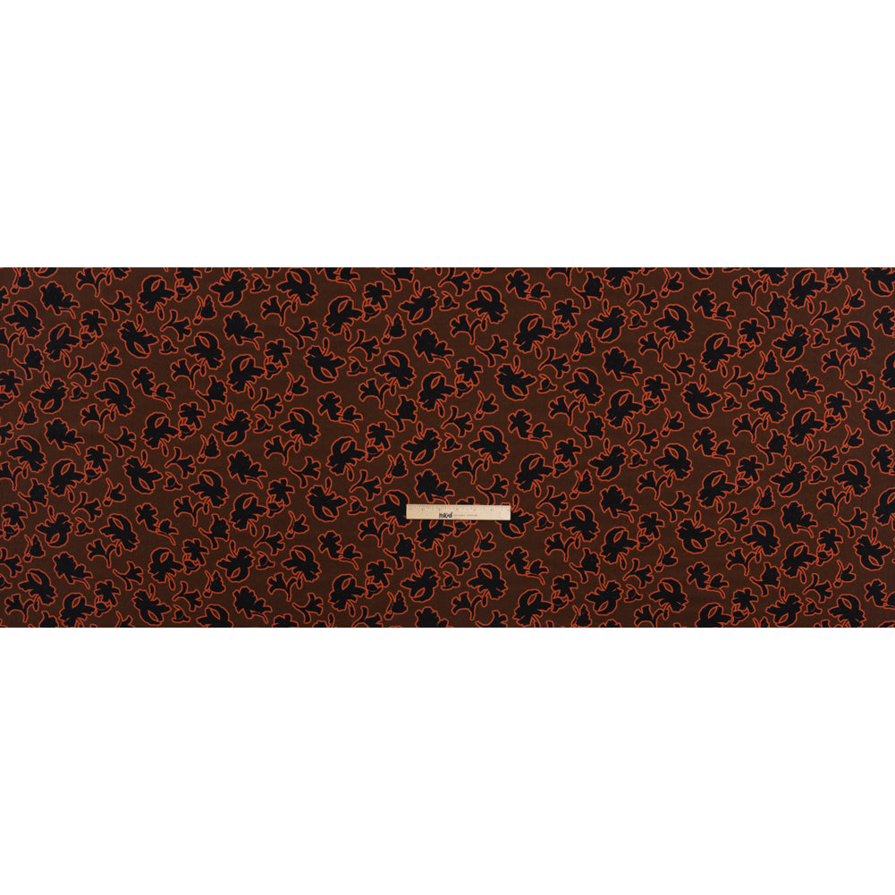 Dotted Rayon Jacquard - Brown, Orange and Black Floral Silhouettes - Made in Italy