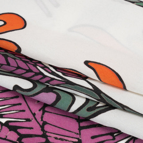Washed Polyester Satin - Purple, Orange and White Palm Leaves - Made in Italy